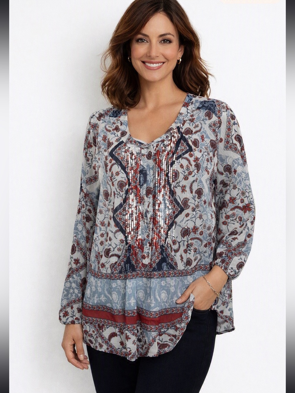 Daniel Rainn Boho Mixed Floral Paisley Bib Blouse Top - Medium